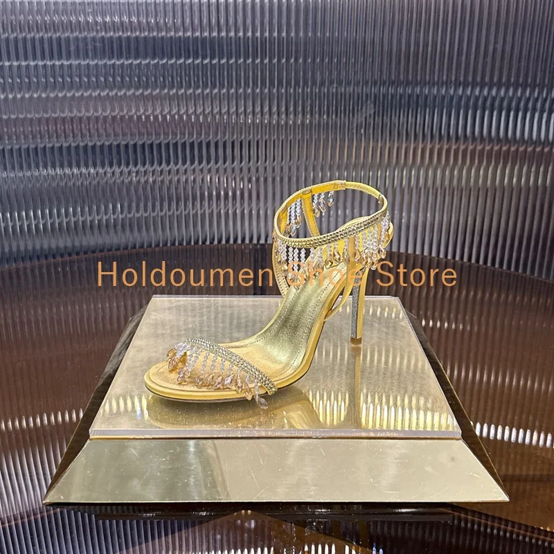 

Gold Crystal Pendant Tassel Design Exquisite Sandal One Strap Peep Toe Stiletto Sandal Ankle Rhinestone Beads Banquet Event Shoe