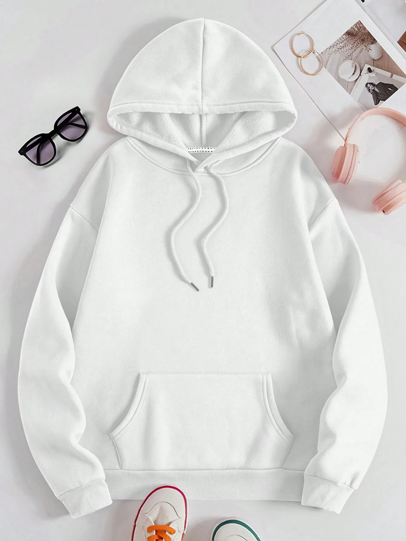 

White Oversized Hoodie with Kangaroo Pocket and Drawstring