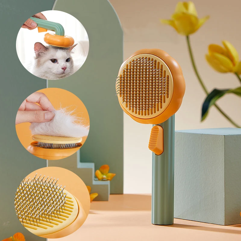 Pumpkin Pet Cat Grooming Comb Self Cleaning Slicker Brush for Cat Puppy Rabbit Removes Loose Underlayers and Tangled Hair Comb