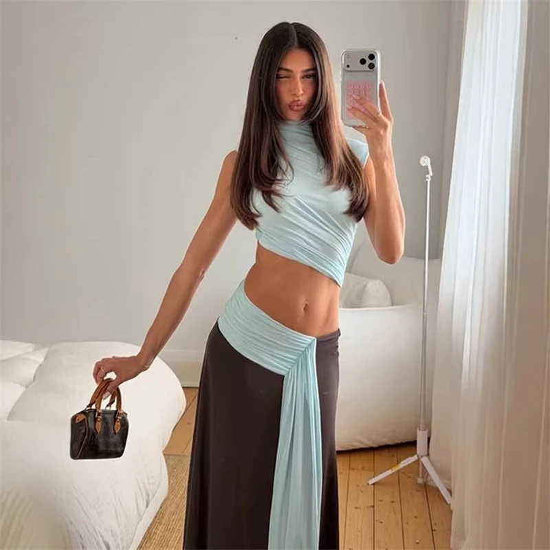 

Women Ribbon Patchwork Backless Sleeveless Half High Collar Maxi Dress Simple Party Stretch Elegant Irregular Bodycon Dress