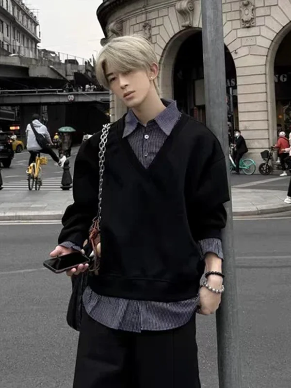 

Мужская толстовка с полосатыми вставками и эффектом двухслойности, с многослойным воротником, осенняя, для подростков, свободная верхняя одежда Haome