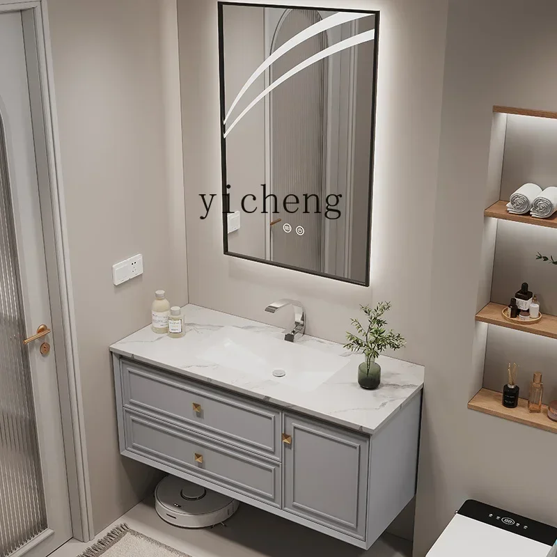 v7 rock slab integrated seamless basin bathroom cabinet combination cream wind oak washstand