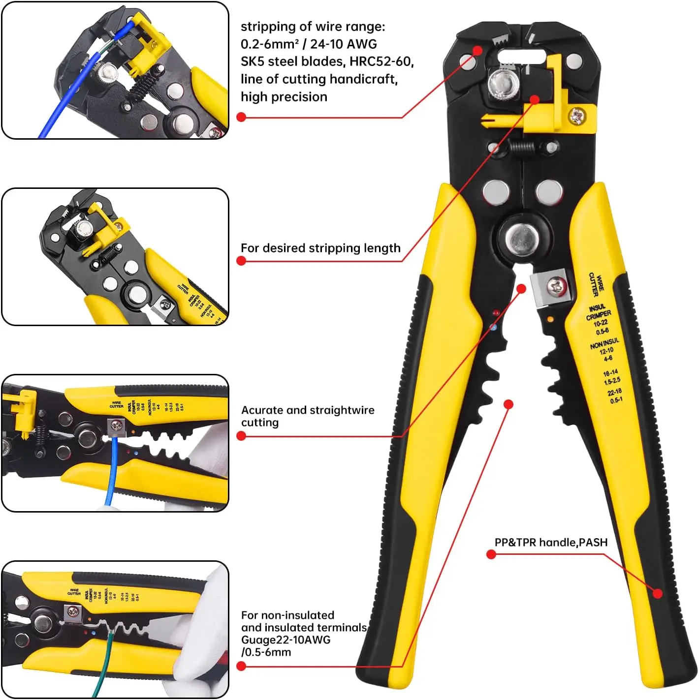 24-10 AWG Self Adjusting Wire Stripper/Wire Crimper/Wire Cutter - 3 in 1 Automatic Universal Wire Multifunctional Stripping Tool