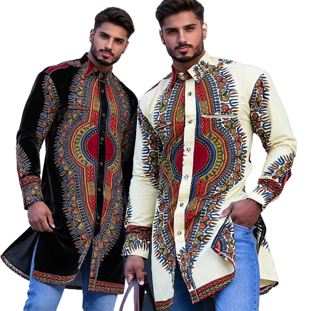 Men's Shirt African Ethnic-Style Printed Long-Sleeve Shirt Retro-Style Casual Top Long-Sleeve Cardigan Jackets Halloween Costume