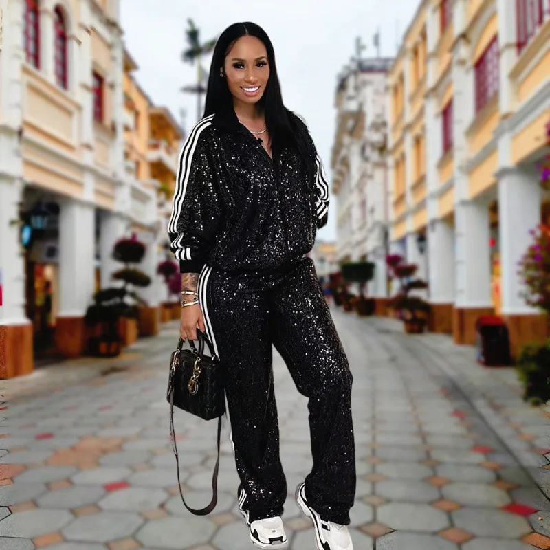 

Glitter Fitted Sequin Top And Pants Womens Casual Two Piece Set Stylish Sparkly Outfit For Party Night Out Fashion Trendy