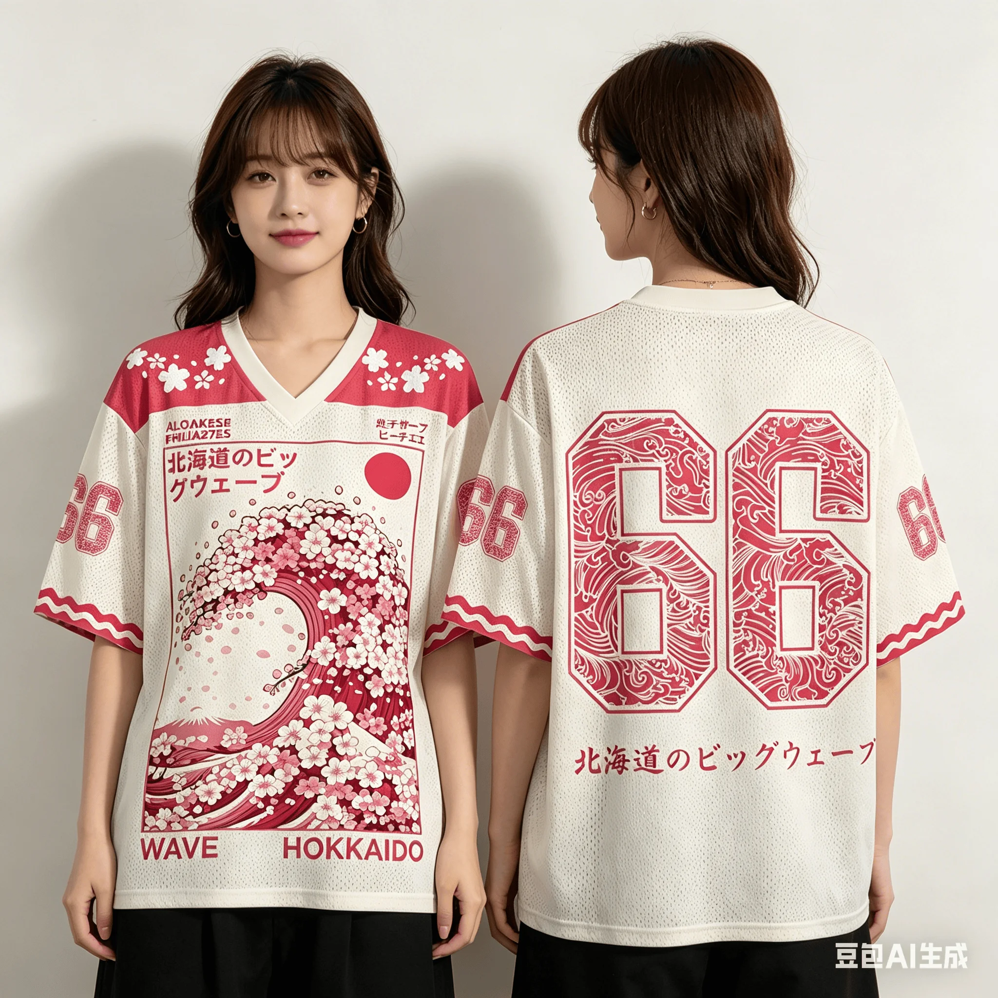Retro Sakura Wave Shirt, Japanese Wave Hokkaido 66 Printed Pink Beige Mesh V-neck Adult and Children's Casual Style