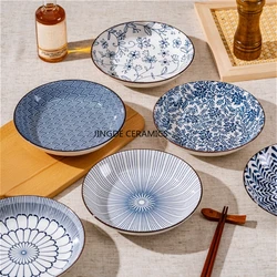 1pc Japanese Ceramic Stir Fry Dish Ceramic Underglaze Color Salad Plate Round Fruit Platter Kitchen Tableware Accessories