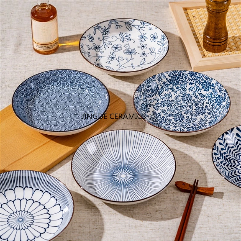 1pc Japanese Ceramic Stir Fry Dish Ceramic Underglaze Color Salad Plate Round Fruit Platter Kitchen Tableware Accessories