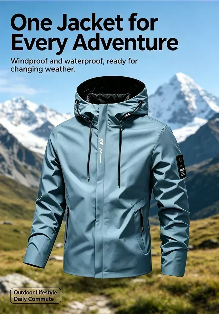 Neue wasserdichte Softshell-Jacke für Herren, Outdoor-Reißverschluss-Windjacke mit Kapuze, leichte Wander- und Campingjacke für Frühling und Herbst – Detail 4