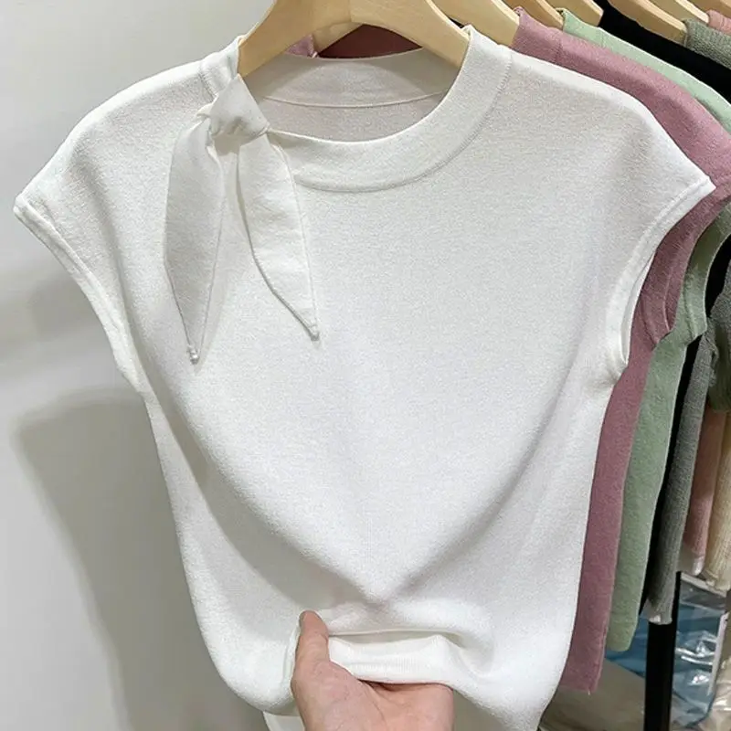 Summer Fashion Lacing Solid Color Short Sleeve Top Tee Ladies All-match Bow Knitting T-Shirts Women Clothes Simplicity Pullovers