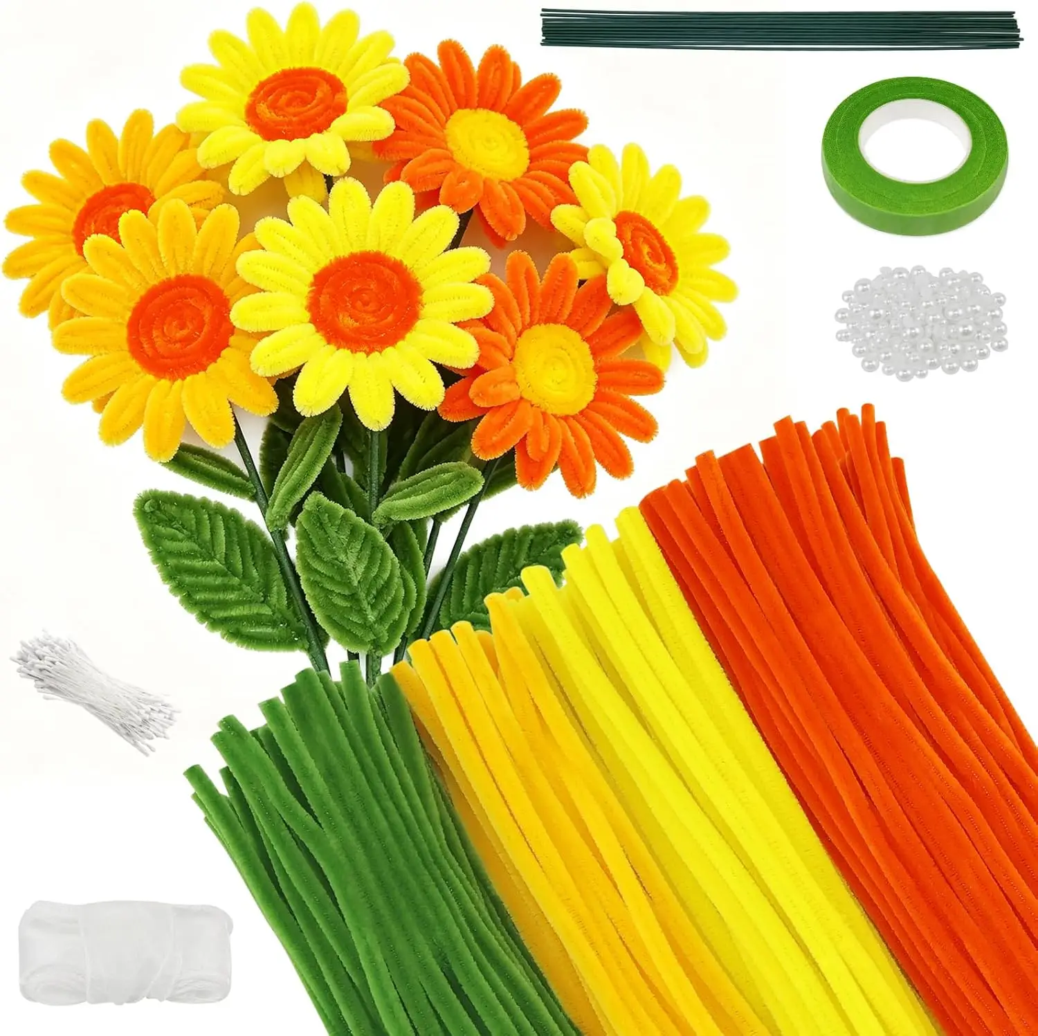 300 Pcs Pipe Cleaners Craft Set, Creative Gift with 15pcs Stems, 1pc Tape,150pcs Stamens,1pc Ribbon, 30pcs Pearls