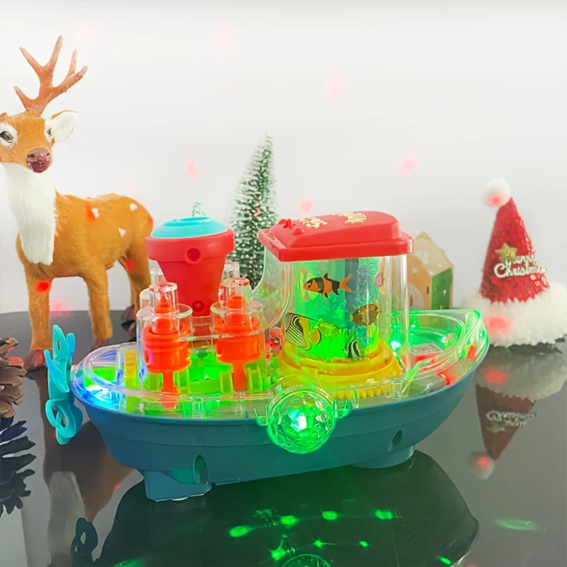 Przezroczysta statka z przekładniami, elektryczna uniwersalna zabawka, fajne zabawki, które uwielbiają dzieci (bateria nie jest dołączona), kolorowe światła, melodyczna muzyka.