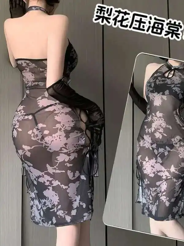 เซ็กซี่สไตล์จีนใหม่ปรับปรุง SHEER High Slit หมึกสไตล์เซ็กซี่ LACE-up Cheongsam สําหรับผู้หญิงชุดหวานเสื้อ 46XA