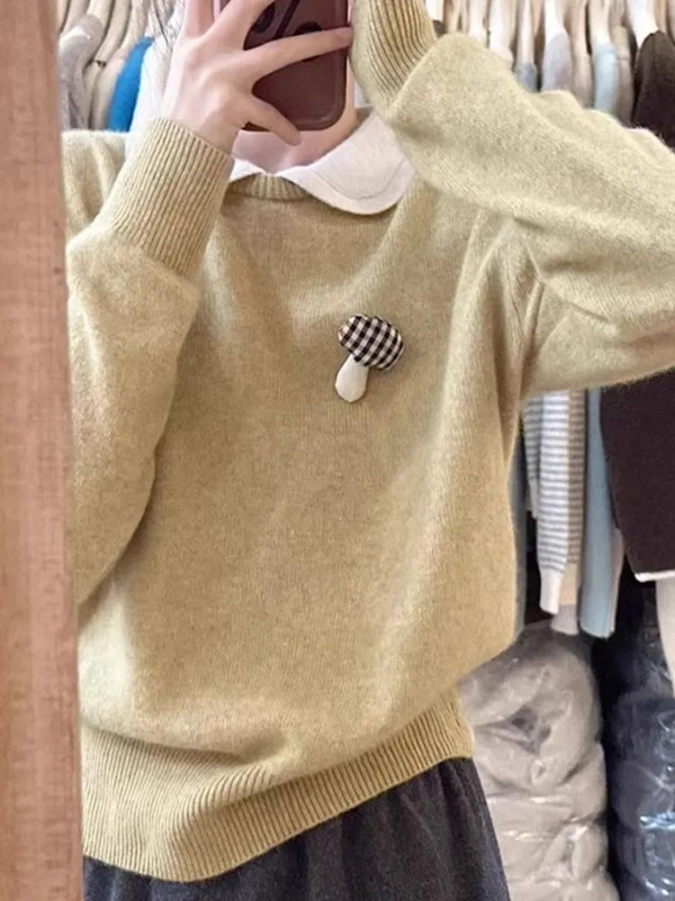 سترة Laid-ba الكورية Sle للتخسيس طويلة Sve بياقة الدمية سترة محبوكة قابلة للتنقل كاجوال متعددة الاستخدامات للتنقل العلوي والرياح