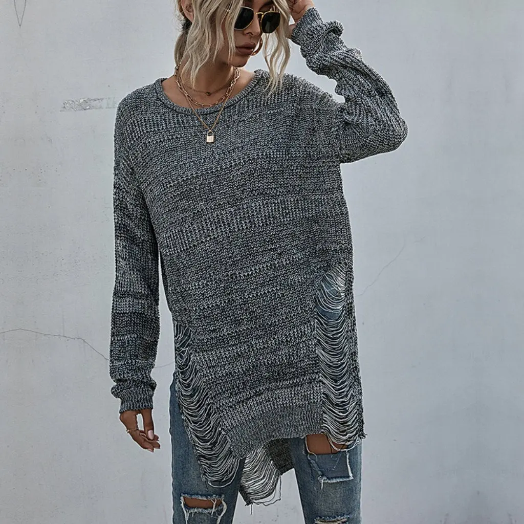 

Autumn Winter Knitted round Neck Pullover Mid-Length Fashionable Cut out Knitwear for Women Elegant Middle Eastern Style