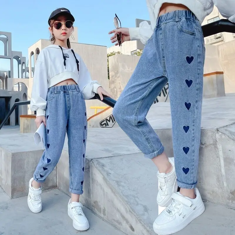 Cartoon Bear Girls Jeans Spring Autumn Children\'s Wear Girls\' Denim Trousers Teenage Kids Casual Loose Pants 4 6 8 10 12 Years