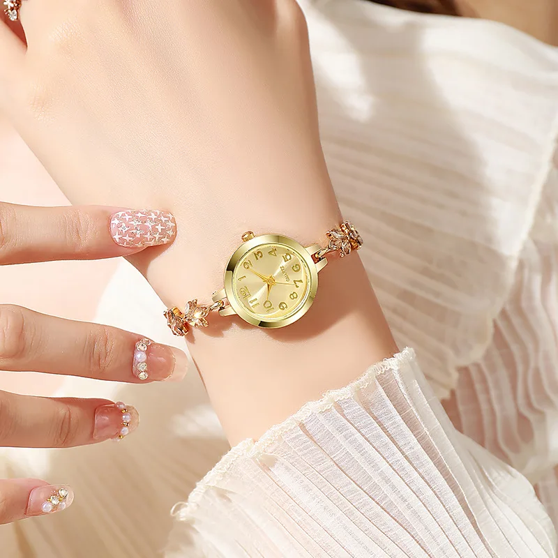Round Alloy Case Arabic Numeral Classic Dial Leaf-shaped Diamond-encrusted Fashionable Bracelet Elegant Ladies Quartz Watch