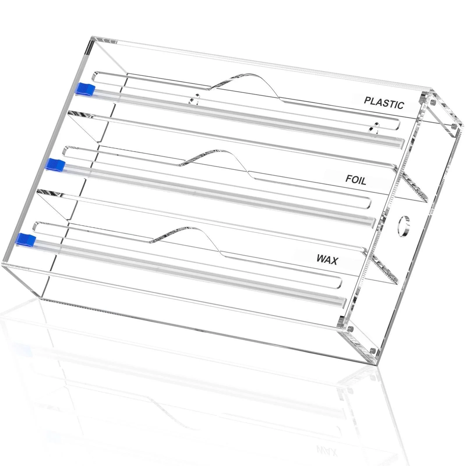 Acrílico Food Wrap Dispenser com cortador, Cling Film Storage Organizer, 3 em 1, Folha Organizador para gaveta da cozinha, Novo