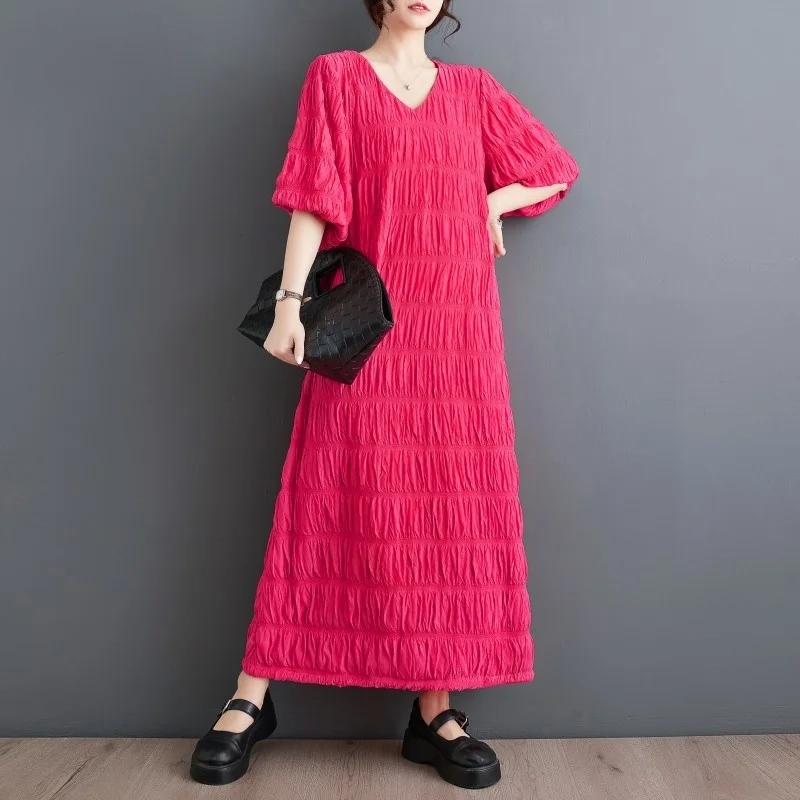 #6595 Pleated Long Dress Half Sleeve Loose Straight Vintage Dress V-neck Ankle-length Ladies Dresses Spring Summer