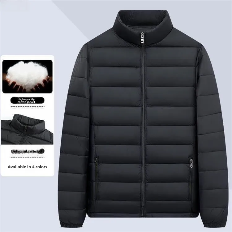 

Ультратонкая мужская пуховая куртка из хлопка с легким теплым наполнителем из полиэфирного волокна, стандартной длины, с воротником, однотонная, для повседневной носки
