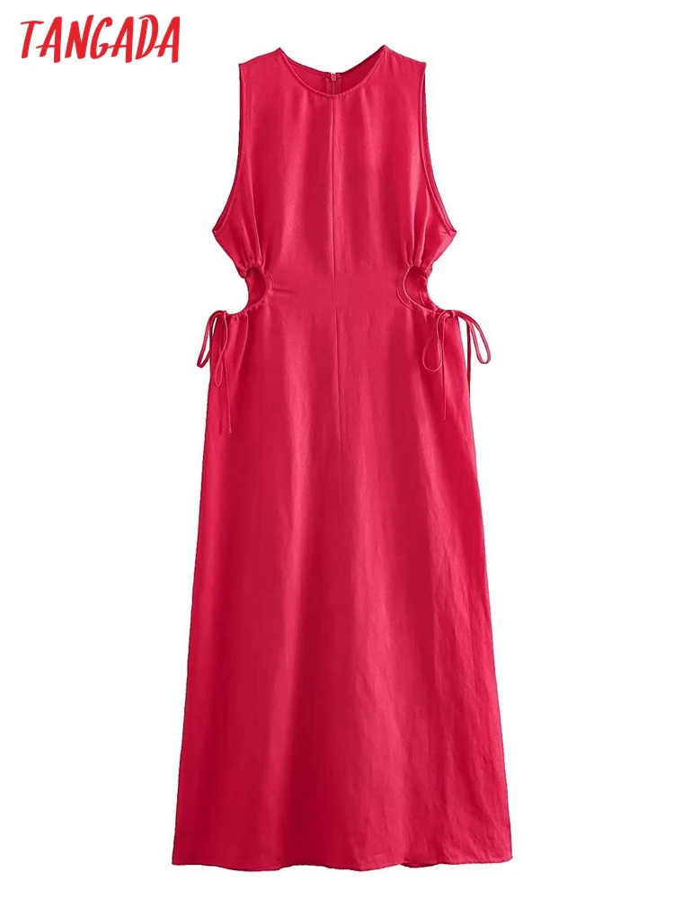 Tangada 2023 Summer Women Red Cotton Linen Dress Sleeveless Female Cut-out Long Dress PS19