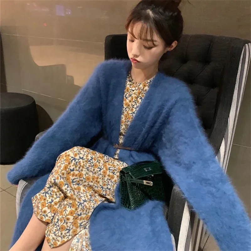 Long Sweater Coat Women's Autumn Winter Long Imitation Mink Velvet Knitted Cardigan Jacket Loose Thicken Lazy Style Knit Sweater