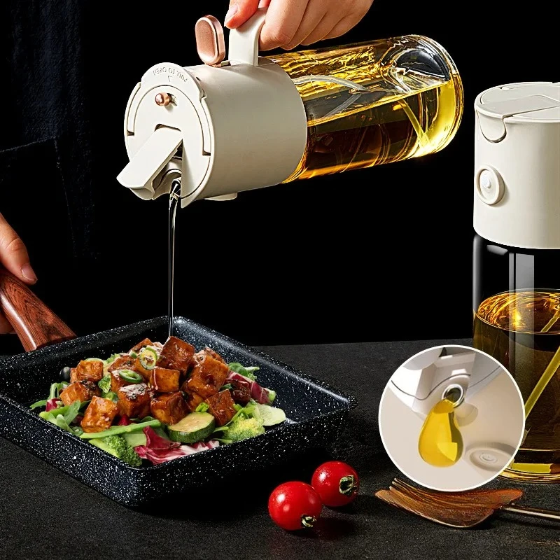 Three-in-one no-lid oil dispenser kitchen glass oil bottle household glass bottle leak-proof multifunctional spray bottle