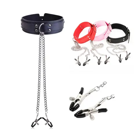Girocollo in pelle BDSM Collare sexy per collo con morsetto per capezzoli Catena per clip Giocattoli adulti del sesso per donne Coppie che flirtano Giochi erotici