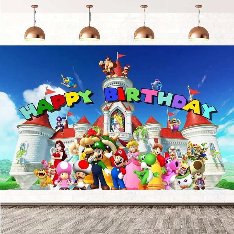 Super Mario Bros Birthday Decoration Baby Shower Party Supplies Backdrop Banner Cup Plates Balloons Cake Topper Fork Girls Gift