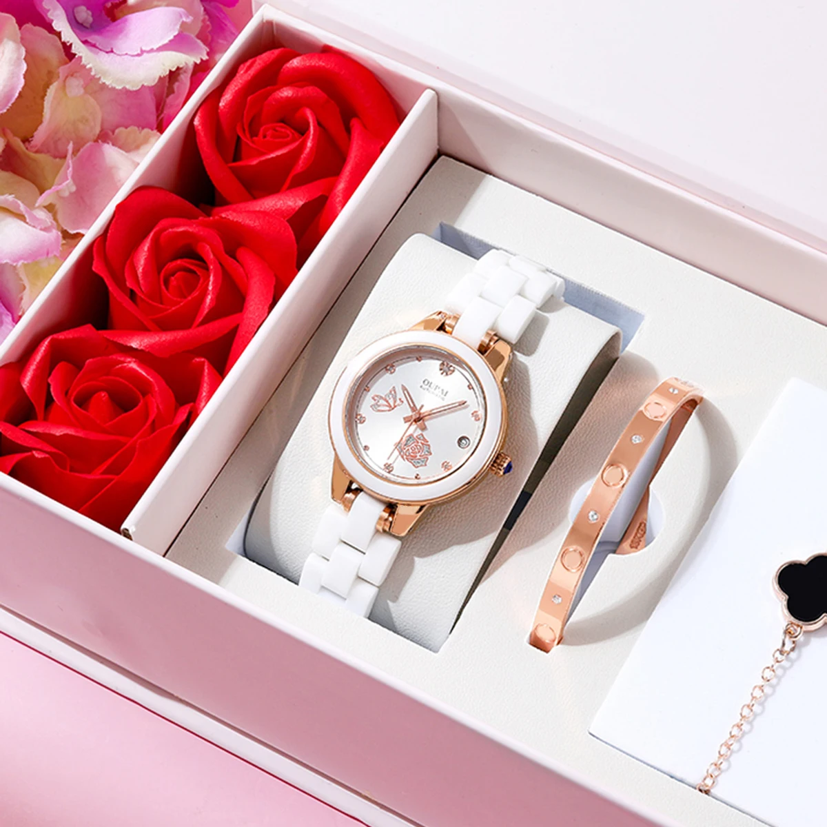 OUPAI round dial ceramic watch, women's  rhinestone scale, exquisite temperament, women's watch, calendar, fashion and casual