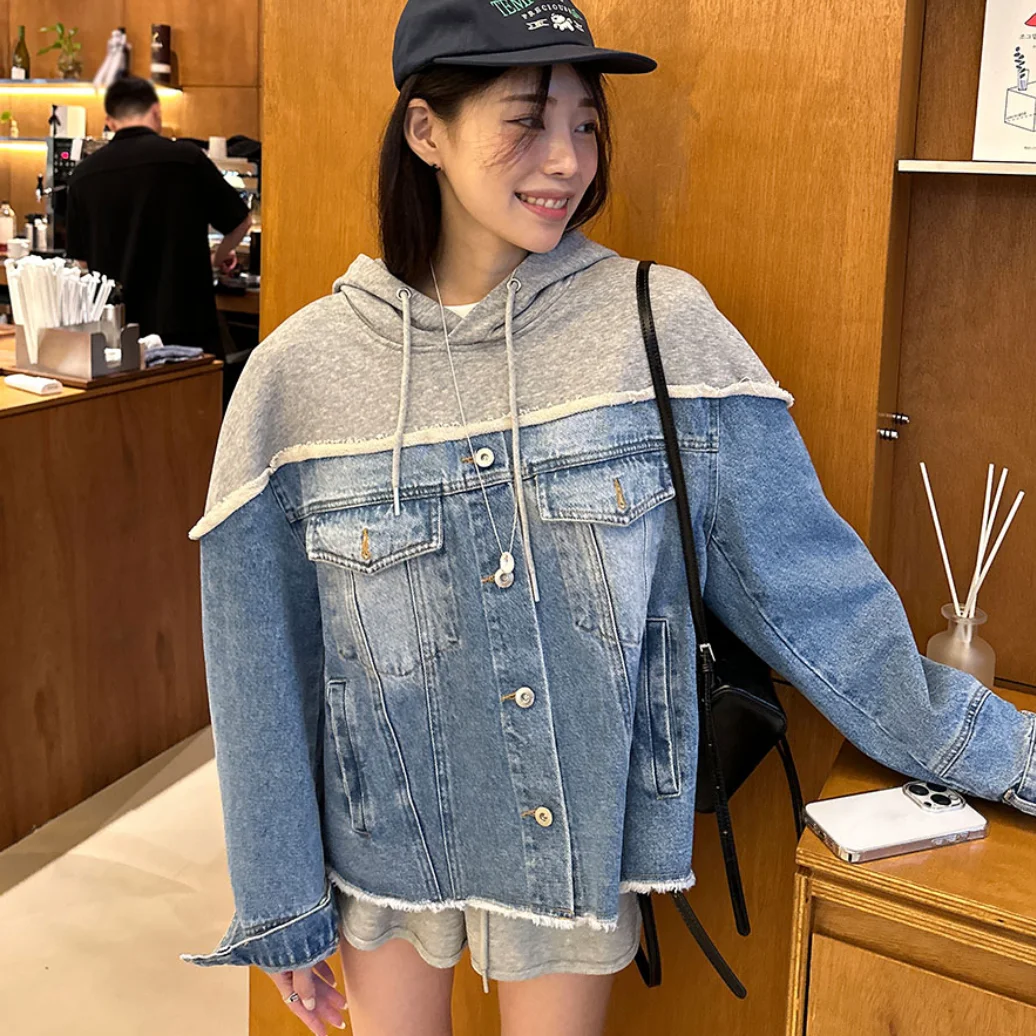 Patchwork Denim Jack Met Capuchon Crop Herfst Lange Mouw Winterjas Vrouwen Korean Casual Botton Blue Jean Jasjes Ovsize Streetwear