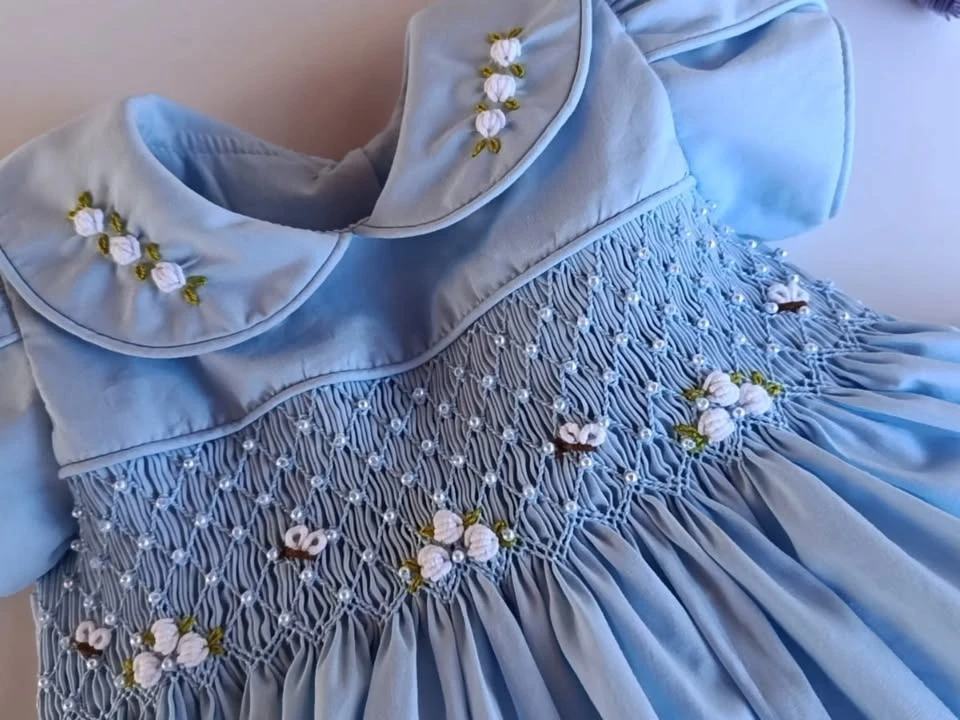 Summer Girl Handmade Embroidered Rose Blossoms Pearl Blue Smoked Dress  for Casual Party Birthday Wedding Photography