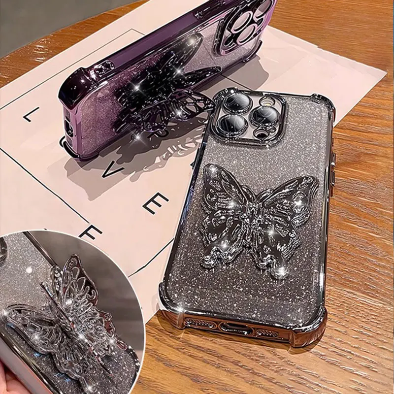 Luxury Case with Butterfly Bracket for Xiaomi, Cover for Redmi Note 14, 13, 12, Pro plus, 14C, 13C, 12C, 10, 5G Shockproof Cases