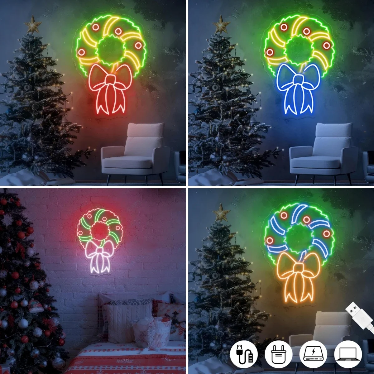 

Christmas Bow Wreath Neon Sign For Wall Decor Xmas Room Decoration For Party Home Bedroom Bar Club Dimmable Led Lights Art Signs