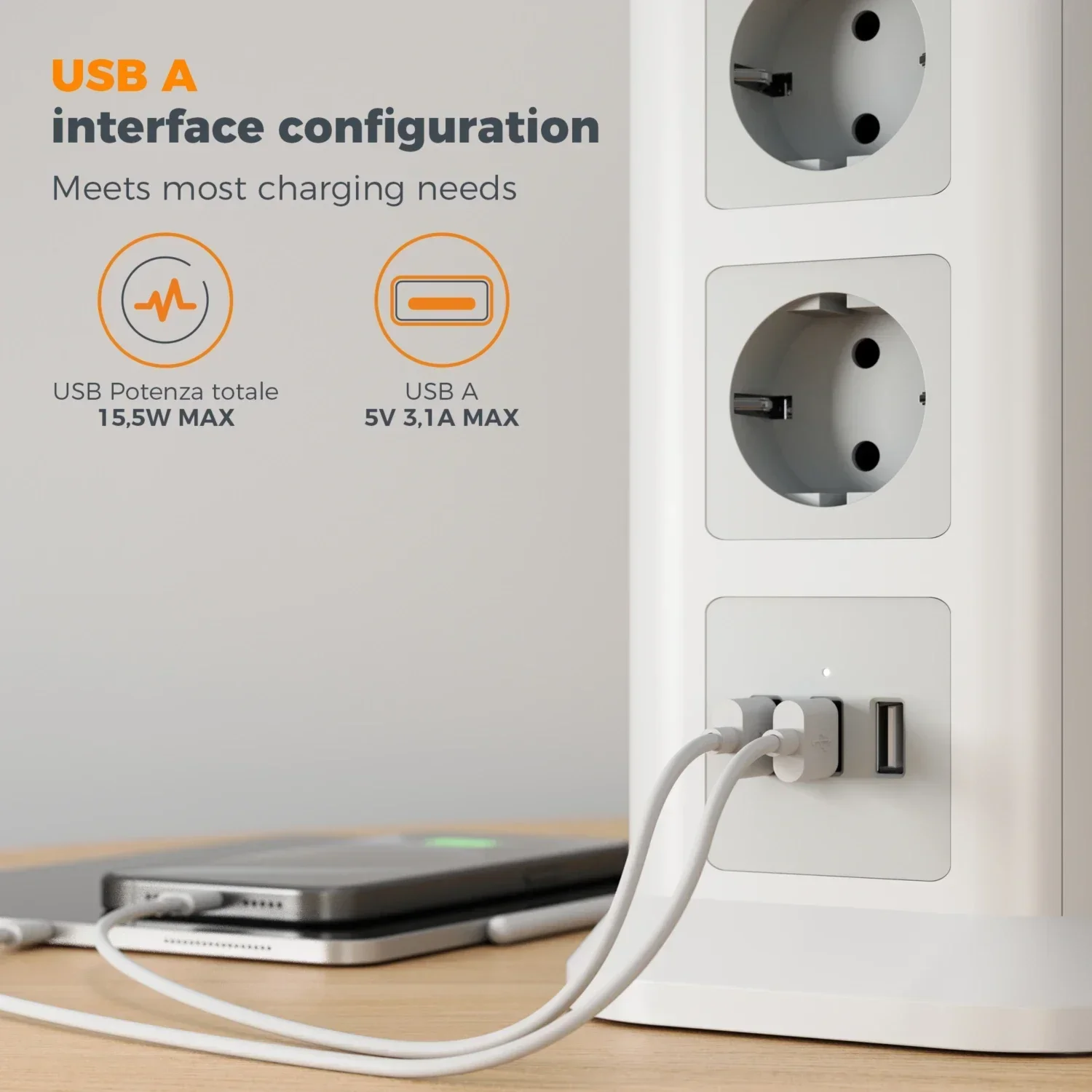 TESSAN Multiple Socket Power Strip with 11 Socket Outlets and 3 USB Ports 2M Cable Tower Multiple Plug with Overload Protection