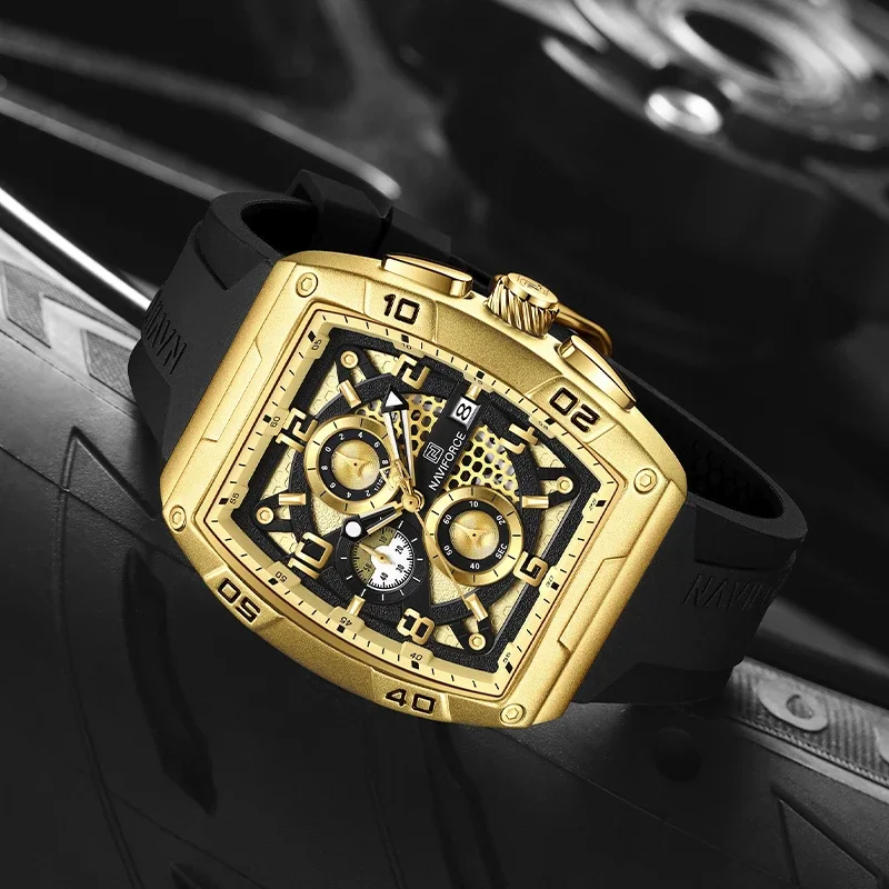 NAVIFORCE Luxury Men’s  Large Dia Multi-function PU Waterproof Clock Gold Design Quartz Watches Casual Male Wrist Watch Gifts