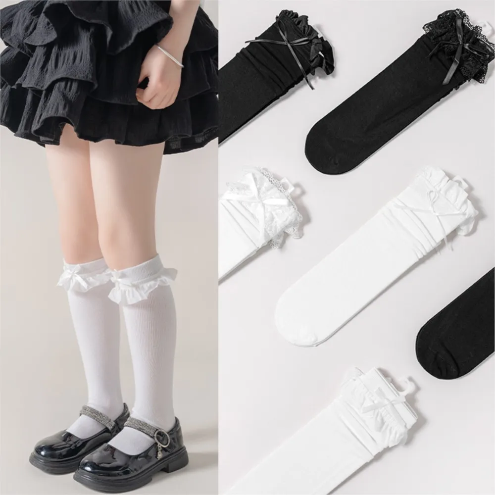 

Новые тонкие кружевные носки до середины икры в летних дышащих носках для девочек с черно-белым бантом для детей.