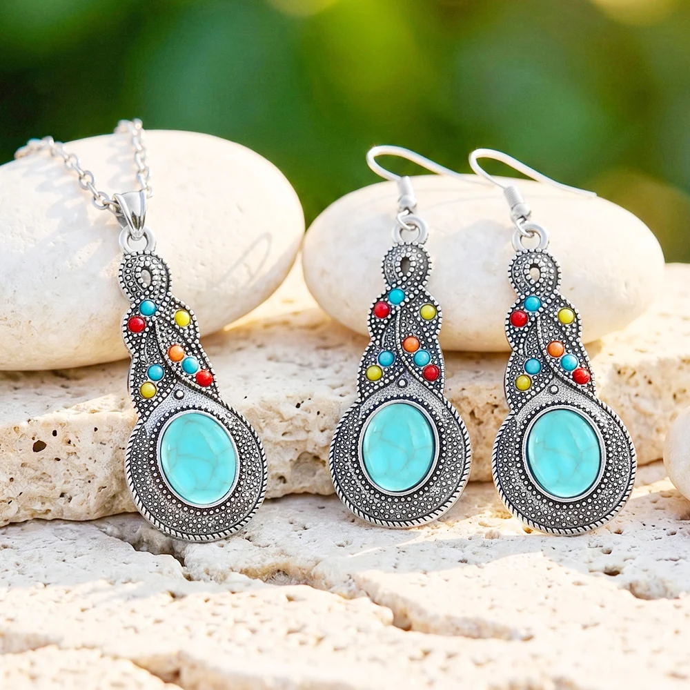 

Bohemian Turquoise Gourd Jewelry Set Vintage Silver Color Necklace Earrings Ethnic-Style Accessories for Women's Gatherings