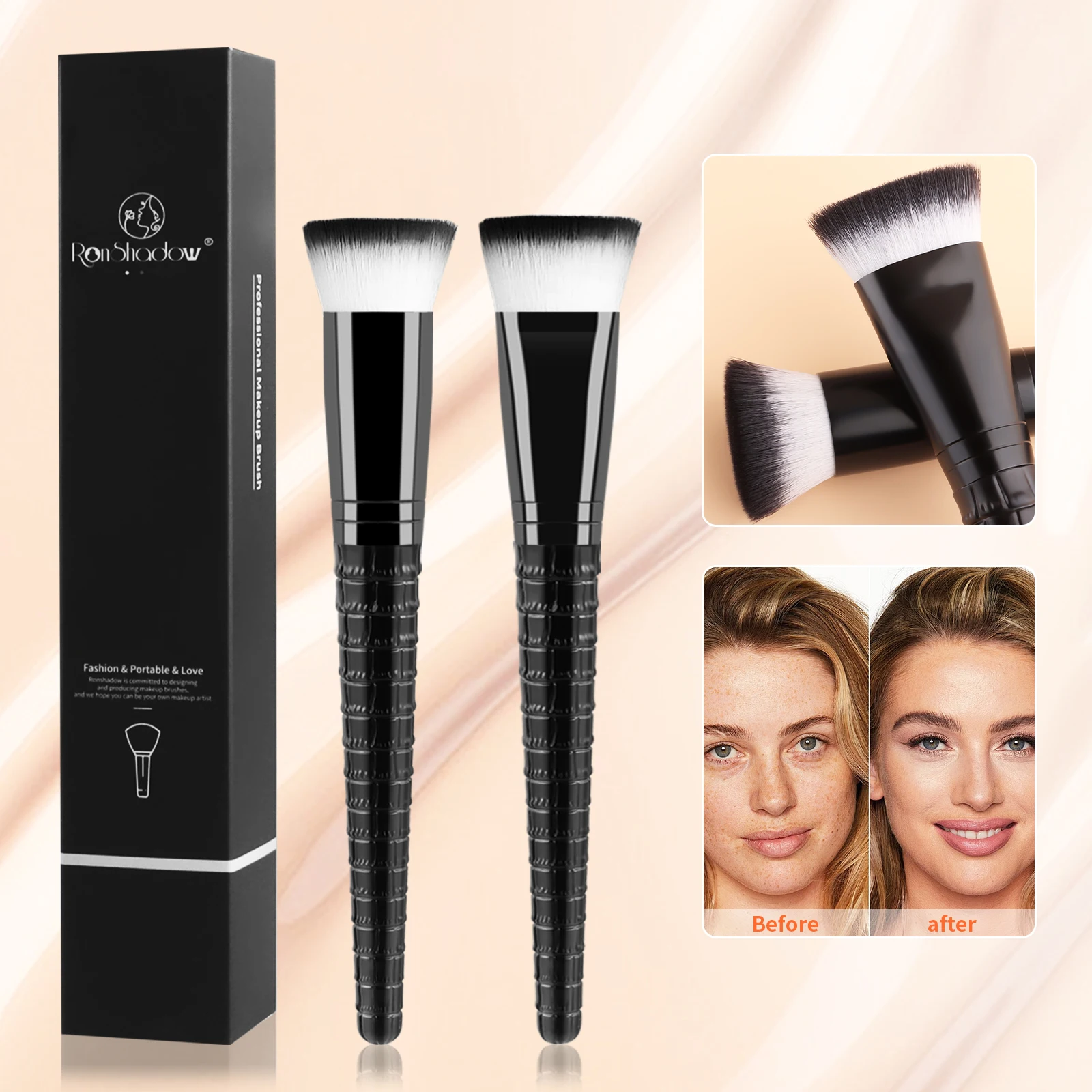Caja de Regalo con 2 Brochas de Maquillaje de Base de Cabeza Plana con Mango en Relieve, Brocha de Maquillaje Facial de Fibra, Herramienta de Belleza