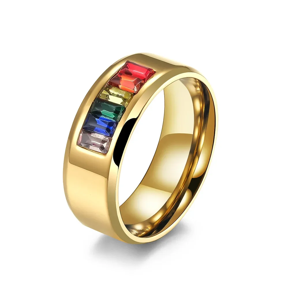 New Fashion Female Gorgeous Rainbow Color Crystal Ring Male Summer Colorful Jewelry Titanium Ring for Women and Men