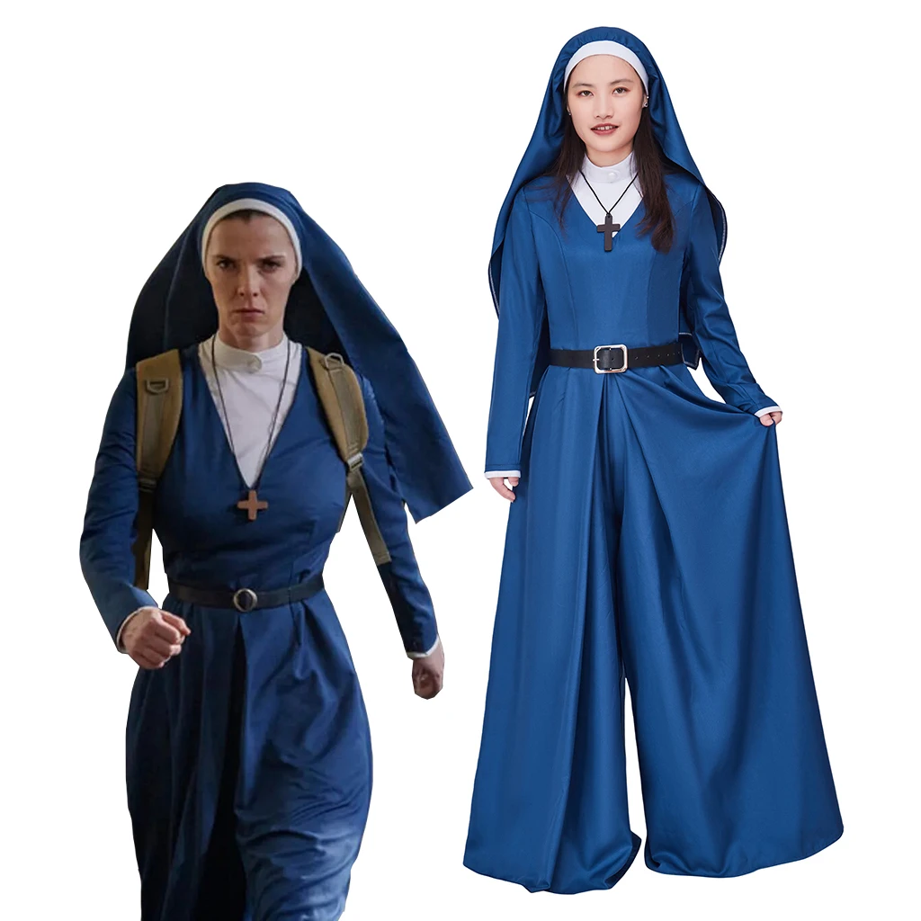 

Mrs. Davis Cosplay Costume Blue Nun Clothes Hat Full Set TV Series Simone Outfit Women Halloween Carnival Disguise Roleplay Suit