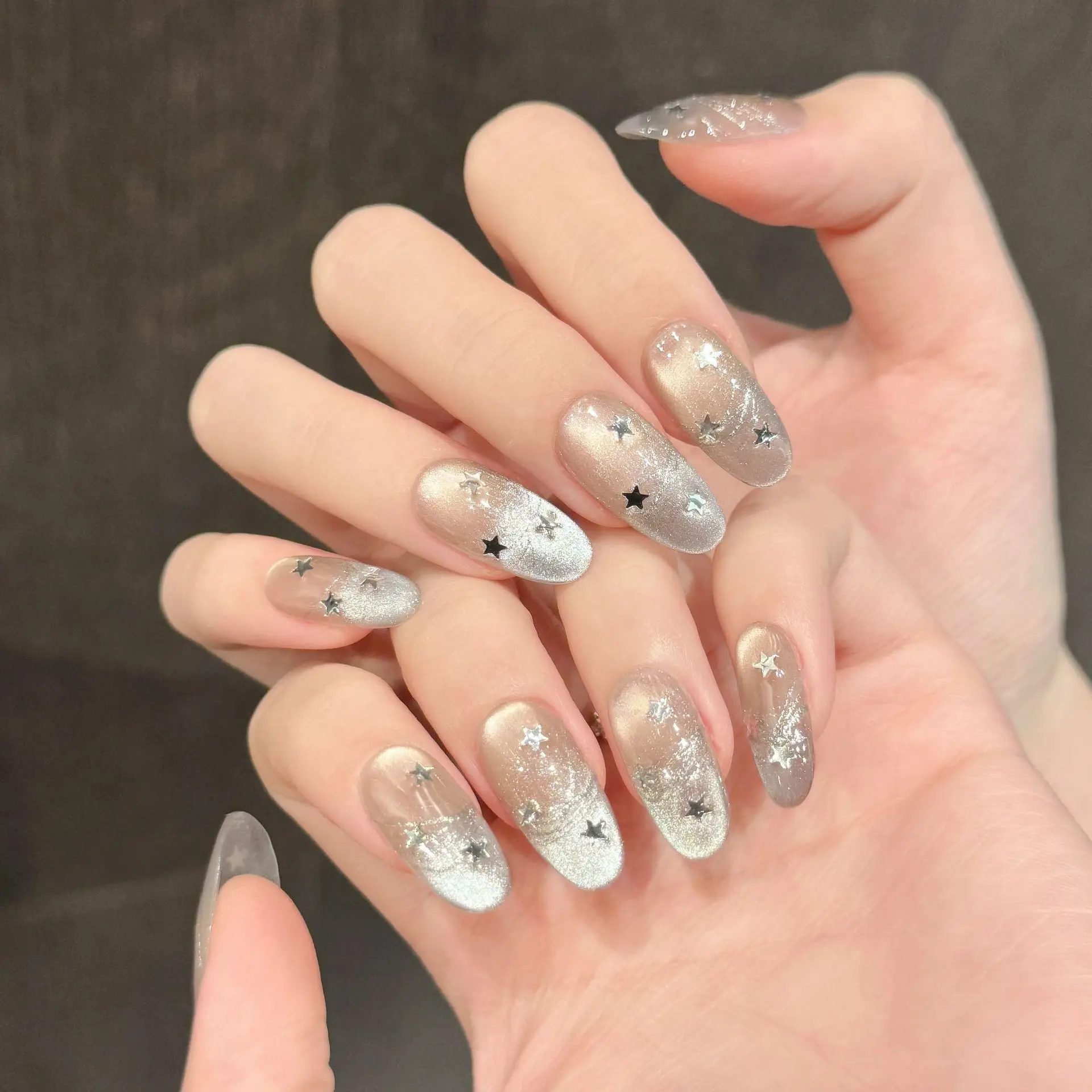 10 pçs glitter olho de gato artesanal conjunto de unhas falsas estrela design meados de comprimento oval imprensa em unhas arte wearable cobertura completa ponta de unhas falsas