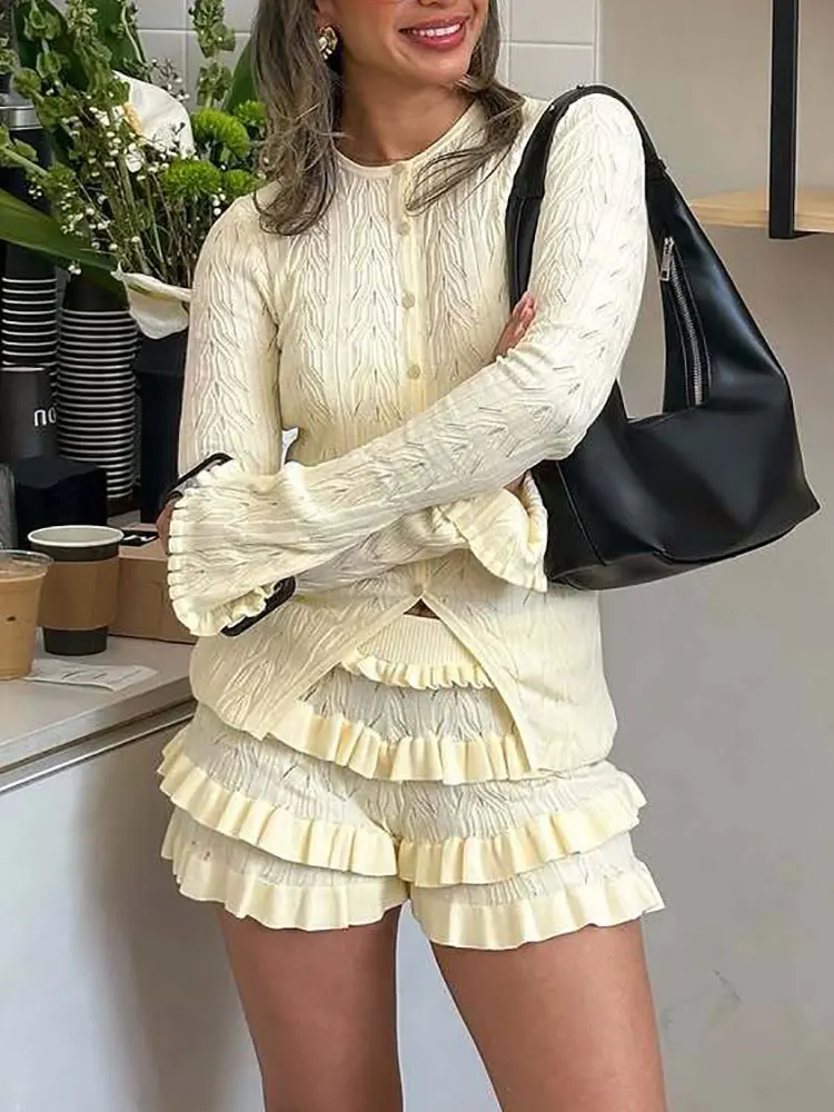

GACVGA Летний вязаный комплект из двух предметов с рюшами, лоскутный тонкий повседневный топ с длинными рукавами, свитер, кардиган и женские шорты, комплекты