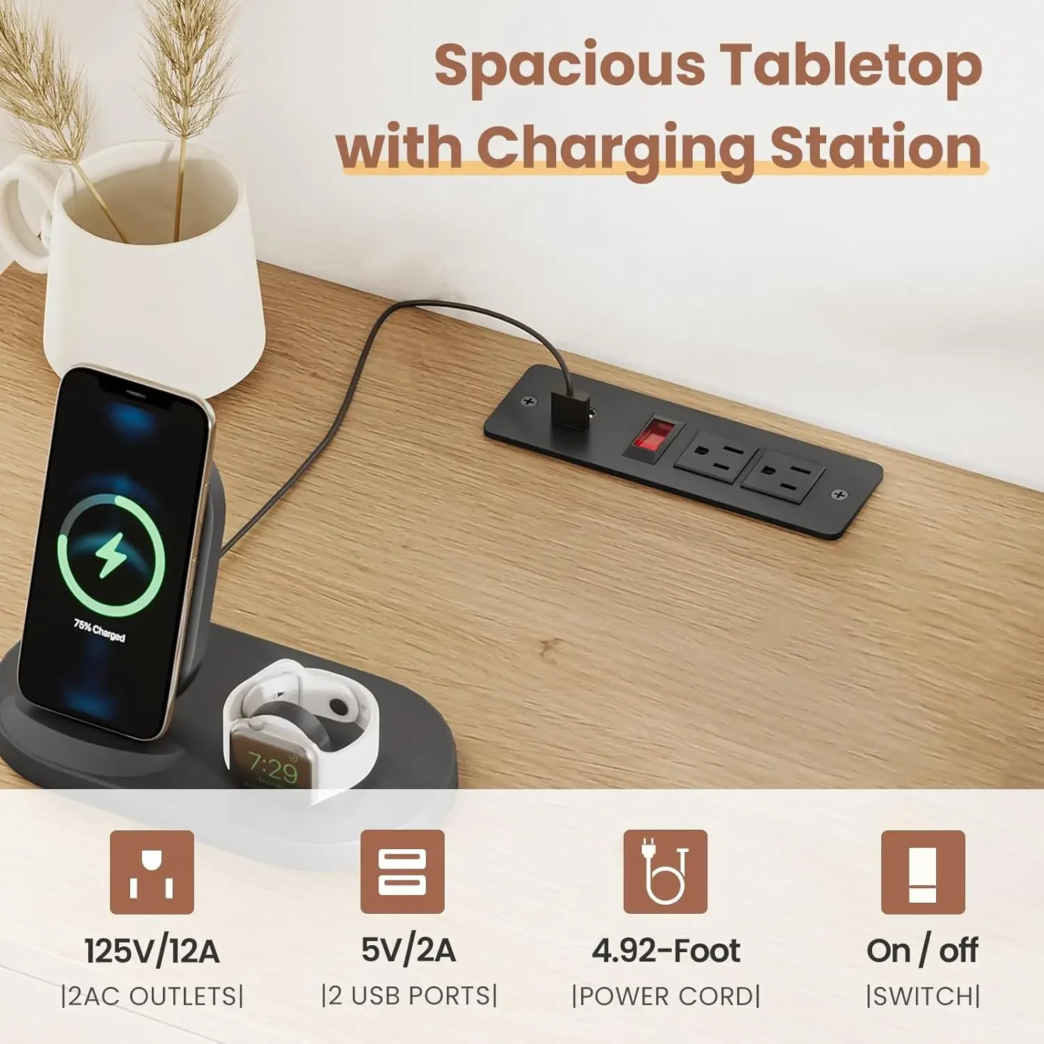 [한정 재고! 충전 스테이션이 있는 라탄 나이트스탠드 2개 세트, 3개의 대형 위커 장식 서랍이 있는 천연 라탄 나이트스탠드