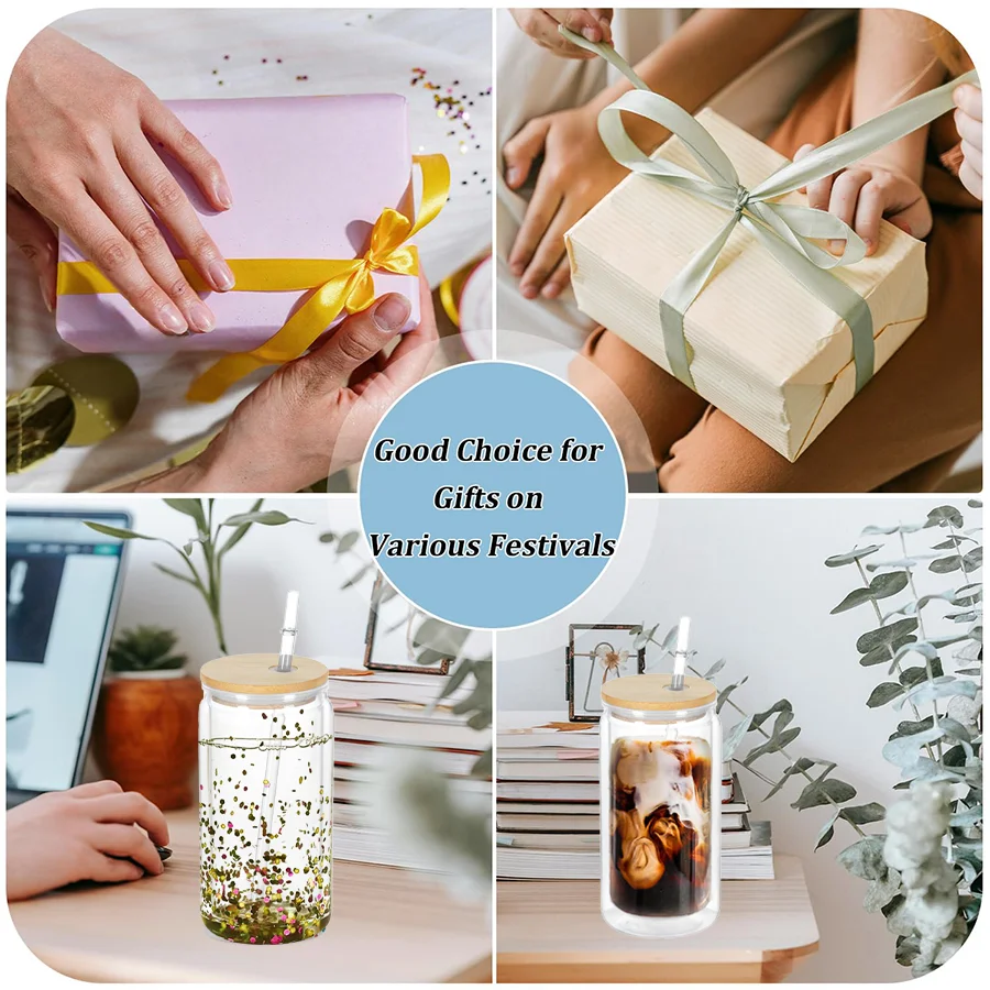 6 عبوات من زجاجات مياه سعة 16 أونصة، وأغطية أكواب شفافة ذات جدران مزدوجة، وقش وقمع - قابلة لإعادة الاستخدام لمكتب الحفلات وعيد الميلاد وعيد الشكر