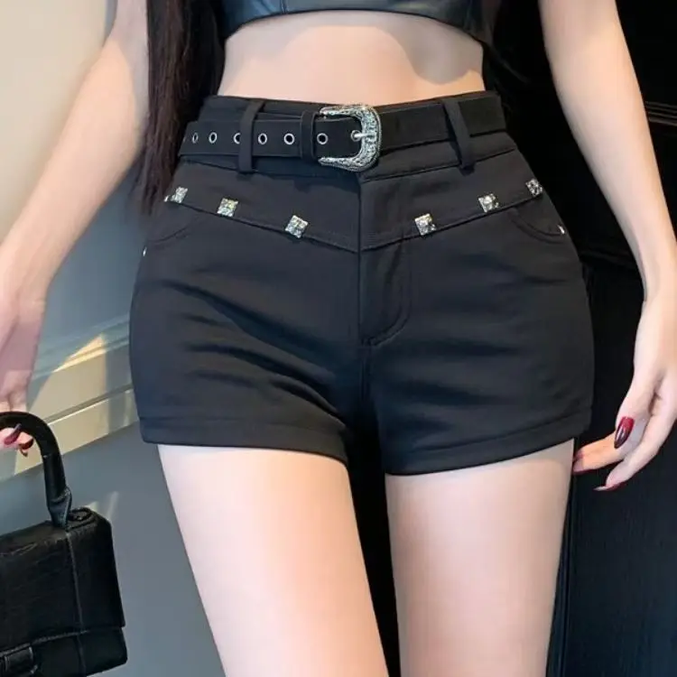Y2K Rhinestone Belted Denim Shorts Women Gothic High Waist Hot Pants Harajuku Streetwear Punk Slim Fit Black Casual Summer Jeans