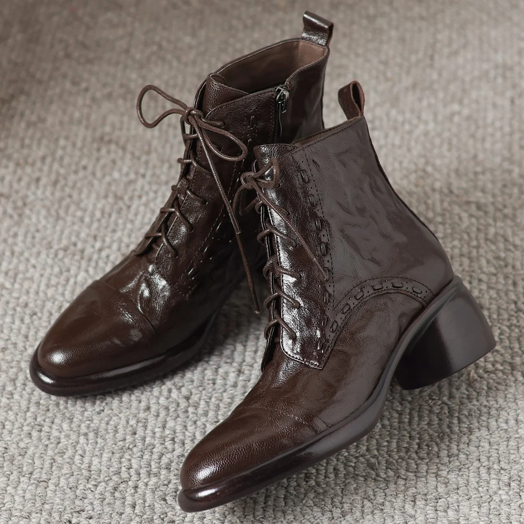 

Women's sheepskin round toe lace-up side zip autumn ankle boots 5.5cm round med heel casual female short motorcycle boots shoes