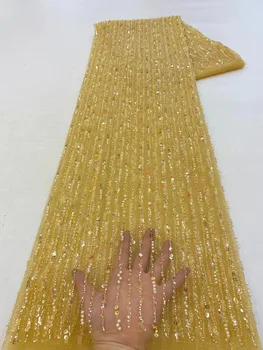 Luxo africano lantejoulas frisado tecido de renda 2025 alta qualidade noivo nigeriano casamento nupcial bordado tule francês costura 5 metros