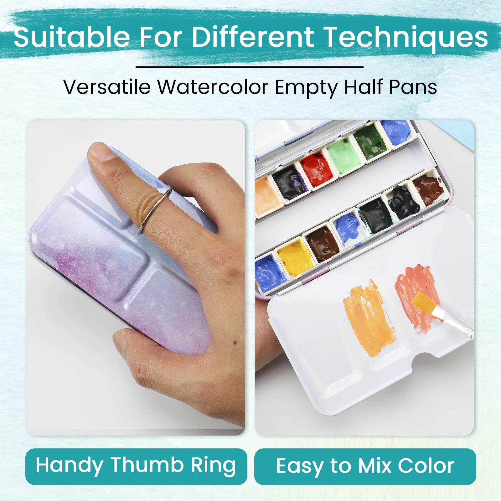 Watercolor Palette Empty w/Removable Paint Tray & 14 Watercolor Half Pans - Sturdy Empty Watercolor Palette Tin