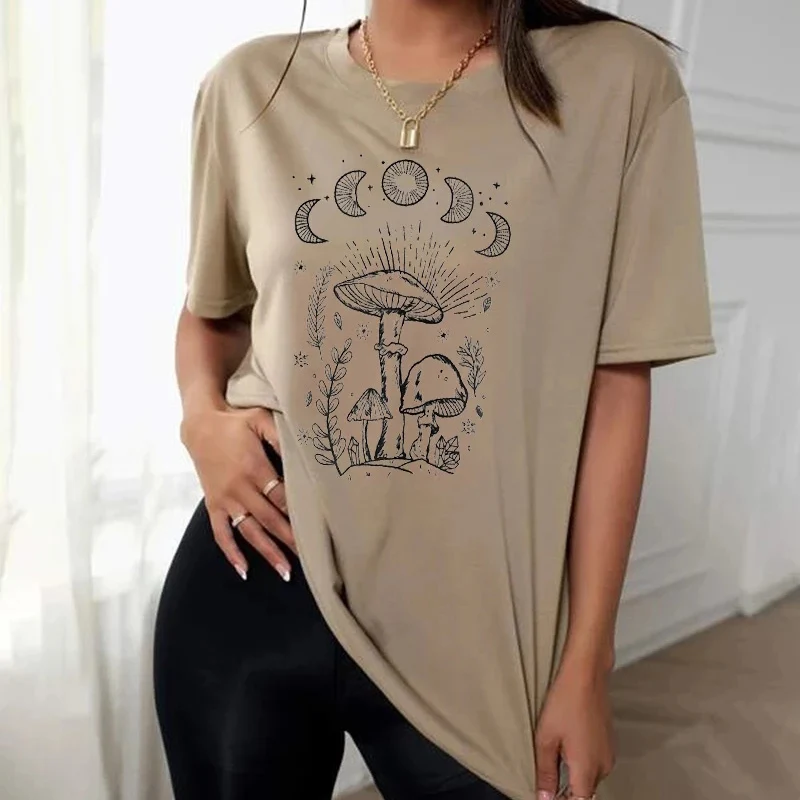 

kuakuayu HJN Summer Women Vintage Aesthetic Celestial Tshirt Mushroom Celestial Botanical T Shirt Occult Witch Shirt